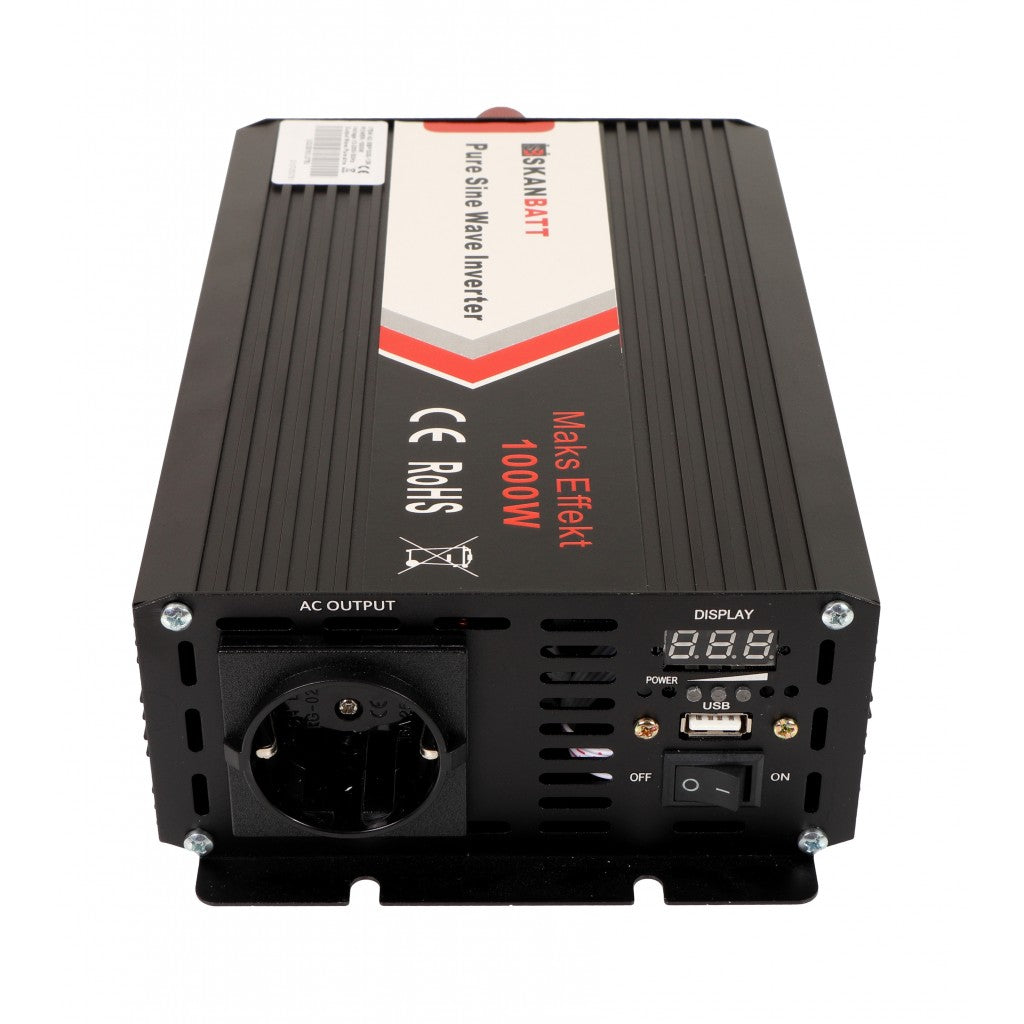 SKANBATT Inverter 12V 1000W Ren Sinus m/Trådløs Fjernkontroll