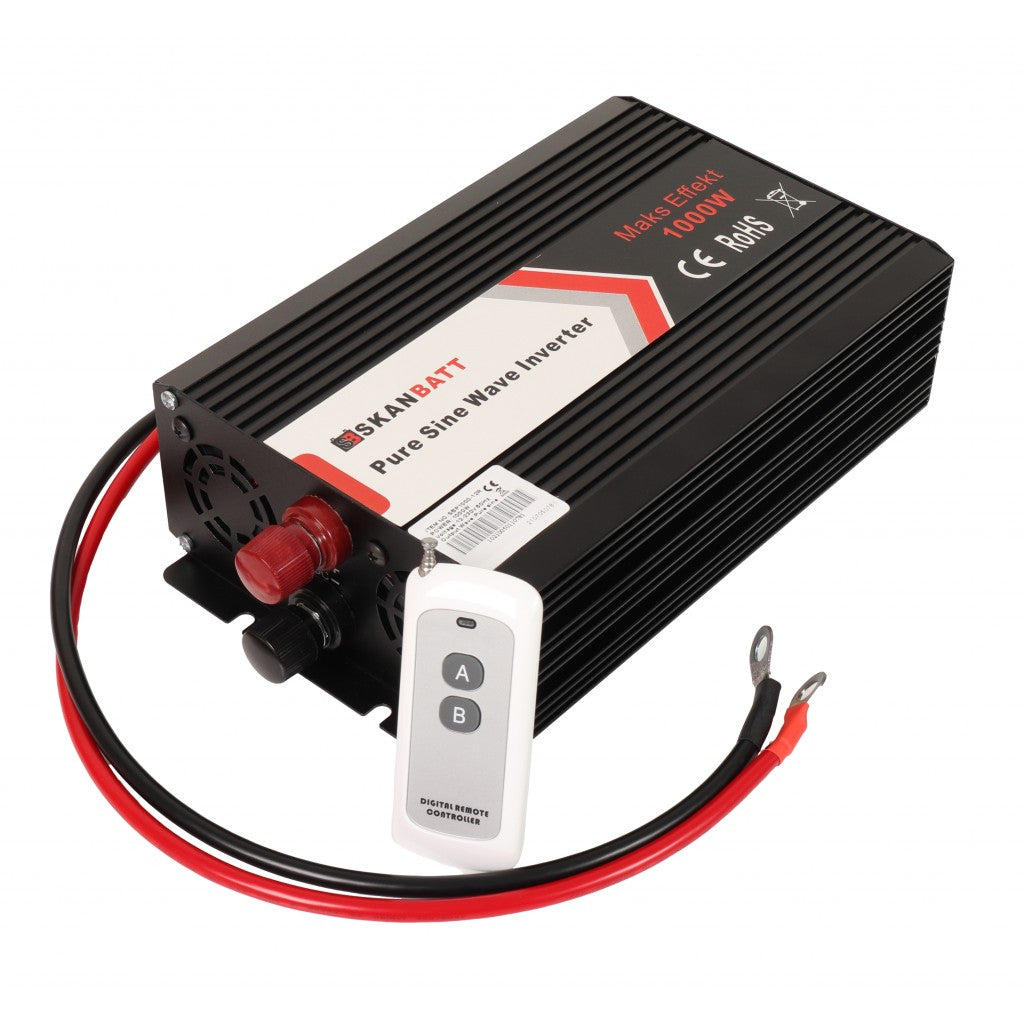 SKANBATT Inverter 12V 1000W Ren Sinus m/Trådløs Fjernkontroll