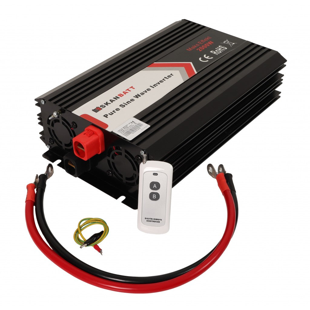 SKANBATT Inverter 12V 2000W Ren Sinus m/Trådløs Fjernkontroll